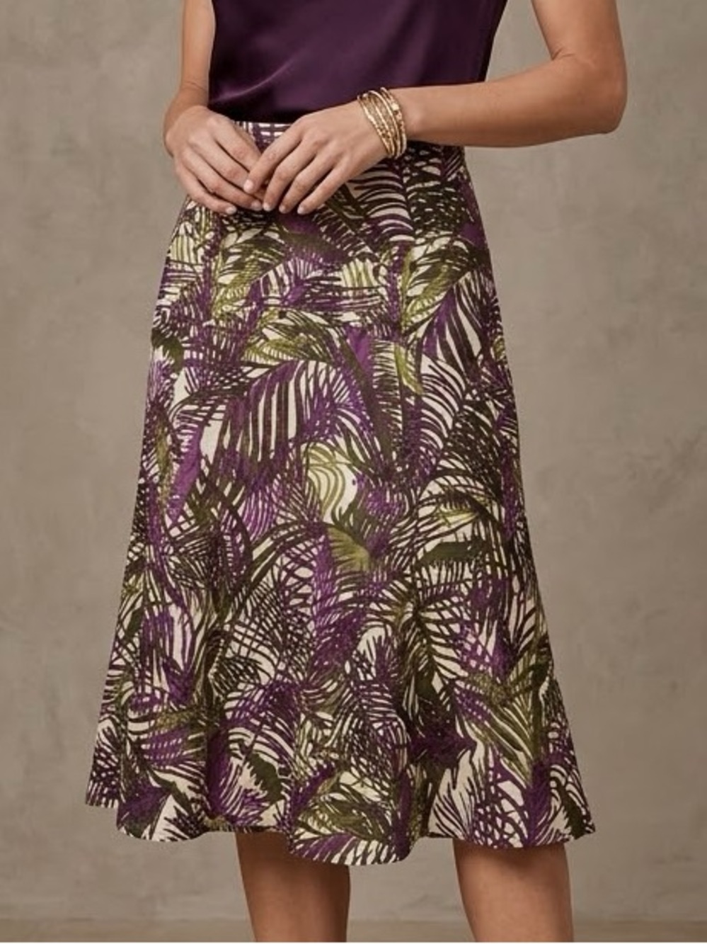 Charter Club Petite Purple Green Tropical Palm Leaf Linen A-Line Skirt 6P